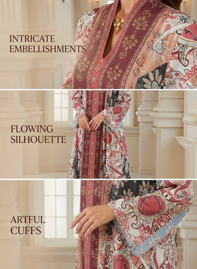 MS MIN Paisley Ethnic Print Abaya, V-Neck Loose Fit Breathable Maxi Dress with Rhinestone Detail, Casual Jalabiya for Home & Outing - Image 2